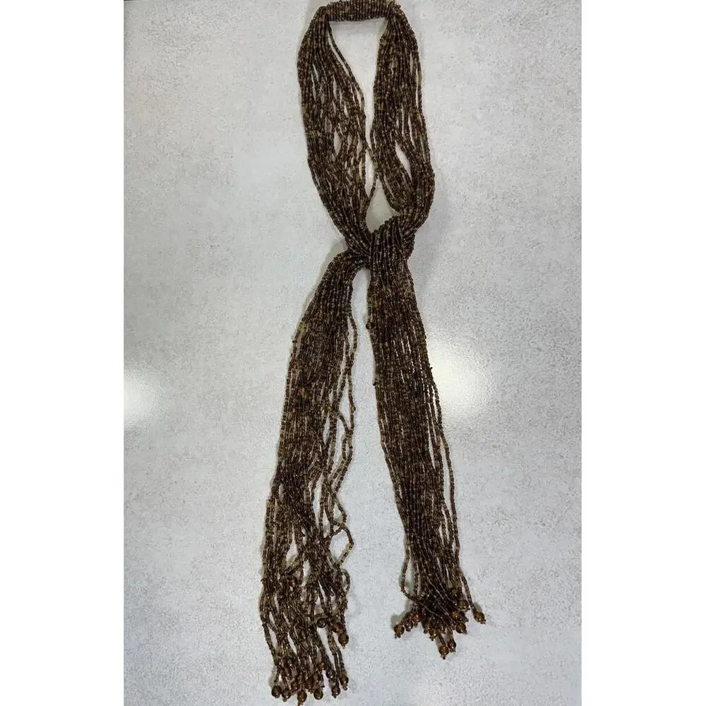 VTG 50” Multi Strand Brown Amber Glass Bead Tassel Necklace Boho